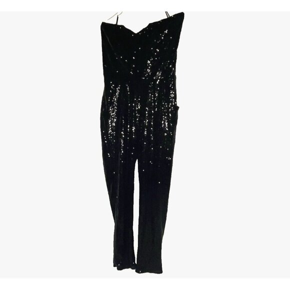 Black Sequin Strapless Jumpsuit 2X Long Pants Black Stretch Curvy Sense Pull On - Picture 2 of 16